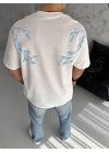 Erkek Bisiklet Yaka Tişört Yıldırım Şimşek Baskılı Kısa Kol T-Shirt - Beyaz