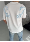 Erkek Bisiklet Yaka Tişört Yıldırım Şimşek Baskılı Kısa Kol T-Shirt - Beyaz