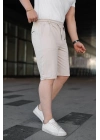 Erkek Diagonel Kumaş Duble Paça Cepli Bağcıklı Bel Lastikli ŞORT - Krem