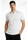 Erkek Fermuarlı Yaka Fitilli Triko Kısa Kollu Regular Fit Tişört T-shirt - Beyaz