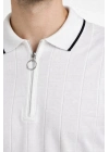 Erkek Fermuarlı Yaka Fitilli Triko Kısa Kollu Regular Fit Tişört T-shirt - Beyaz