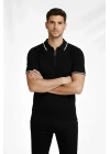 Erkek Fermuarlı Yaka Fitilli Triko Kısa Kollu Regular Fit Tişört T-shirt - Siyah