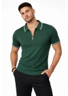 Erkek Fermuarlı Yaka Fitilli Triko Kısa Kollu Regular Fit Tişört T-shirt - Yeşil