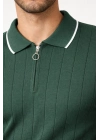 Erkek Fermuarlı Yaka Fitilli Triko Kısa Kollu Regular Fit Tişört T-shirt - Yeşil