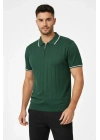 Erkek Fermuarlı Yaka Fitilli Triko Kısa Kollu Regular Fit Tişört T-shirt - Yeşil
