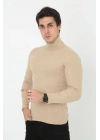 Erkek Kaşkorse Boğazlı Full Likralı Fitilli Body Kazak - Bej