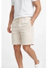 Erkek Keten Kumaş Cepli Rahat Kesim Bel Lastikli Şort - Krem
