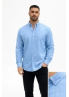 Erkek KETEN Kumaş Oversize Uzun Kollu Rahat Kalıp Gömlek - Açık Mavi
