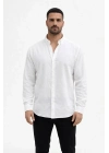 Erkek KETEN Kumaş Oversize Uzun Kollu Rahat Kalıp Gömlek - Beyaz