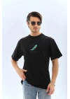 Erkek Kısa Kol Yazlık Tişört Bisiklet Yaka Baskılı Oversize T-Shirt - Siyah