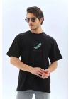 Erkek Kısa Kol Yazlık Tişört Bisiklet Yaka Baskılı Oversize T-Shirt - Siyah
