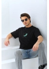 Erkek Kısa Kol Yazlık Tişört Bisiklet Yaka Baskılı Oversize T-Shirt - Siyah