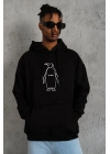 Erkek Nihilist Penguen Özel Tasarım Oversize Kapüşonlu Sweatshirt - Siyah