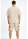 Erkek Oversize Baskılı Tişört Cepli Şort ikili Takım Kombin - Bej