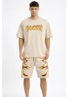 Erkek Oversize Baskılı Tişört Cepli Şort ikili Takım Kombin - Bej