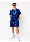 Erkek Oversize Kalıp Pubg Bape X Shark Nakışlı Cepli Şort Takım - Mavi
