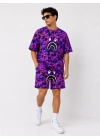 Erkek Oversize Kalıp Pubg Bape X Shark Nakışlı Cepli Şort Takım - Mor