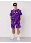 Erkek Oversize Kalıp Pubg Bape X Shark Nakışlı Cepli Şort Takım - Mor