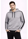 Erkek Şeritli Kapüşonlu Sweatshirt Oversize 3 iplik Pamuklu - Gri