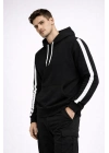 Erkek Şeritli Kapüşonlu Sweatshirt Oversize 3 iplik Pamuklu - Siyah