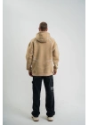 Erkek Şimşek Baskılı Kapşonlu Sweatshirt Üç İplik Pamuklu Kanguru Cepli Double Oversize Hoodie - Bej