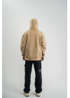 Erkek Şimşek Baskılı Kapşonlu Sweatshirt Üç İplik Pamuklu Kanguru Cepli Double Oversize Hoodie - Bej