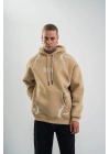 Erkek Şimşek Baskılı Kapşonlu Sweatshirt Üç İplik Pamuklu Kanguru Cepli Double Oversize Hoodie - Bej