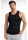 Erkek Spor Slimfit Fitilli Kaşkorse Arka Basklı Atlet 2li Set Siyah-Bej
