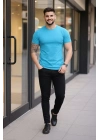Erkek T-Shirt Bisiklet Yaka Slim Fit dar kesim Likralı Tişört Günlük Basic Body - Açık Mavi
