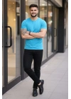 Erkek T-Shirt Bisiklet Yaka Slim Fit dar kesim Likralı Tişört Günlük Basic Body - Açık Mavi