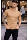 Erkek T-Shirt Bisiklet Yaka Slim Fit dar kesim Likralı Tişört Günlük Basic Body - Kahverengi