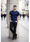Erkek T-Shirt Bisiklet Yaka Slim Fit dar kesim Likralı Tişört Günlük Basic Body - Lacivert