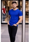Erkek T-Shirt Bisiklet Yaka Slim Fit dar kesim Likralı Tişört Günlük Basic Body - Saks Mavisi