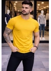 Erkek T-Shirt Bisiklet Yaka Slim Fit dar kesim Likralı Tişört Günlük Basic Body - Sarı