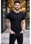 Erkek T-Shirt Bisiklet Yaka Slim Fit dar kesim Likralı Tişört Günlük Basic Body - Siyah