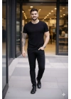 Erkek T-Shirt Bisiklet Yaka Slim Fit dar kesim Likralı Tişört Günlük Basic Body - Siyah