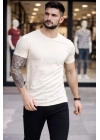 Erkek T-Shirt Bisiklet Yaka Slim Fit dar kesim Likralı Tişört Günlük Basic Body - Taş