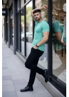 Erkek T-Shirt Bisiklet Yaka Slim Fit dar kesim Likralı Tişört Günlük Basic Body - Turkuvaz