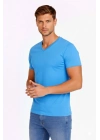 Erkek T-Shirt V Yaka Slim Fit dar kesim Likralı Tişört Günlük Basic Body - Açık Mavi
