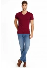 Erkek T-Shirt V Yaka Slim Fit dar kesim Likralı Tişört Günlük Basic Body - Bordo
