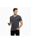 Erkek T-Shirt V Yaka Slim Fit dar kesim Likralı Tişört Günlük Basic Body - Füme