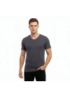Erkek T-Shirt V Yaka Slim Fit dar kesim Likralı Tişört Günlük Basic Body - Füme