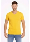 Erkek T-Shirt V Yaka Slim Fit dar kesim Likralı Tişört Günlük Basic Body - Limon