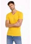 Erkek T-Shirt V Yaka Slim Fit dar kesim Likralı Tişört Günlük Basic Body - Limon