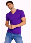 Erkek T-Shirt V Yaka Slim Fit dar kesim Likralı Tişört Günlük Basic Body - Mor