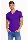 Erkek T-Shirt V Yaka Slim Fit dar kesim Likralı Tişört Günlük Basic Body - Mor