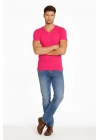Erkek T-Shirt V Yaka Slim Fit dar kesim Likralı Tişört Günlük Basic Body - Pembe