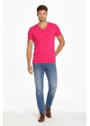 Erkek T-Shirt V Yaka Slim Fit dar kesim Likralı Tişört Günlük Basic Body - Pembe