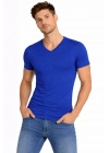 Erkek T-Shirt V Yaka Slim Fit dar kesim Likralı Tişört Günlük Basic Body - Saks Mavisi