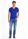 Erkek T-Shirt V Yaka Slim Fit dar kesim Likralı Tişört Günlük Basic Body - Saks Mavisi